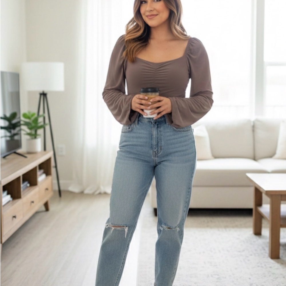 Nasty Gal Brown Ruched Long Sleeve Top
